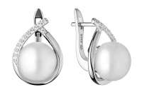 Eleganter Perlenohrring weiß rund 9.5-10 mm, Zirkonia, Englischer Verschluss, 925er Silber, Gaura Pearls, Estland